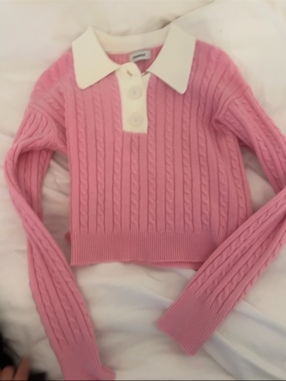 SANDRO Pink Cable-Knit Polo Sweater with Contrast Collar